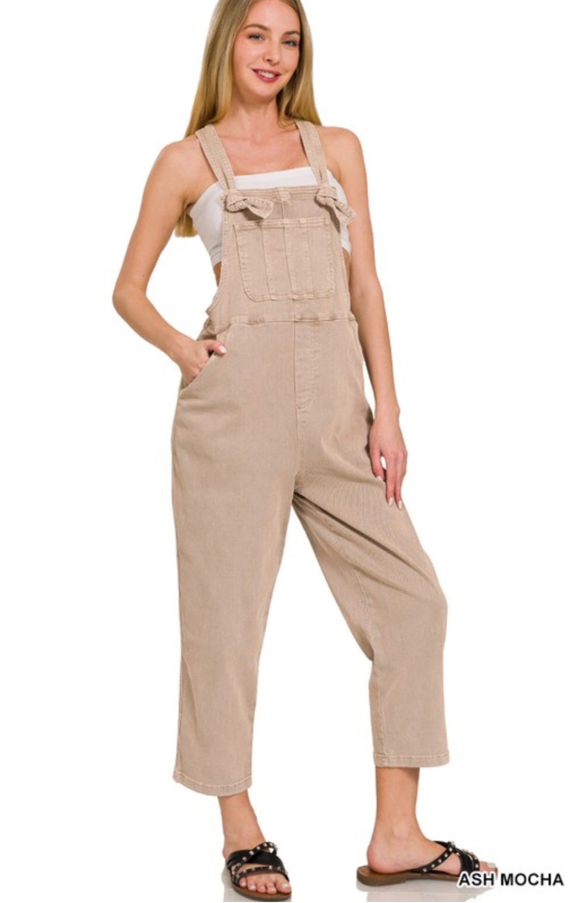 Acid Washed Knot Strap Relaxed Fit Overalls