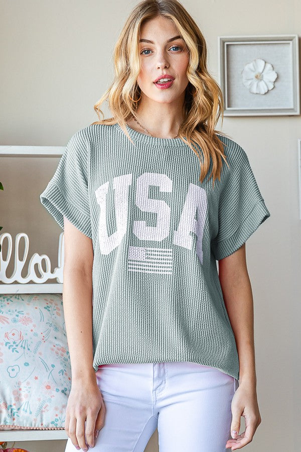 Solid Ribbed Usa Top