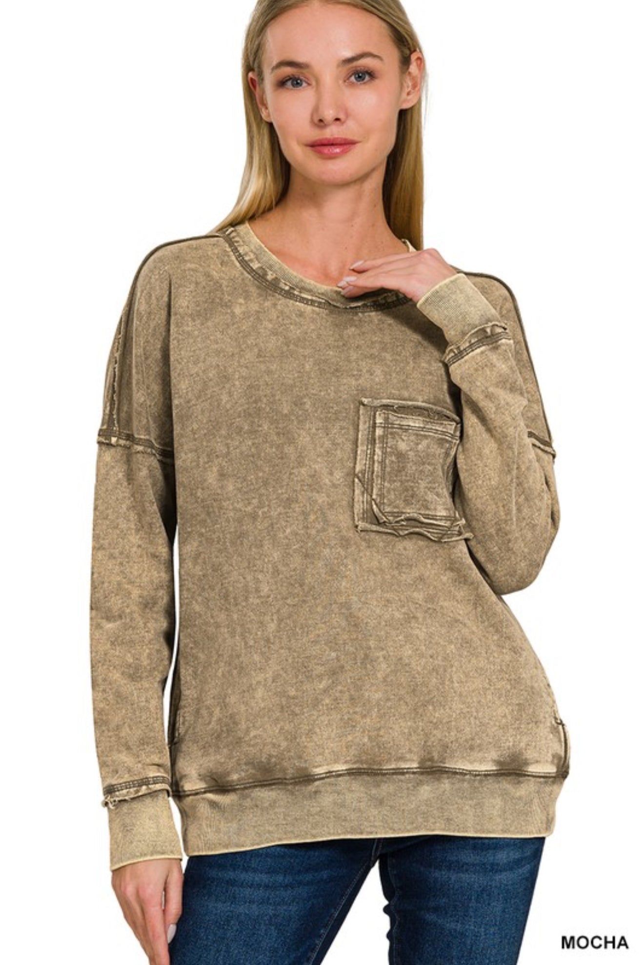 F/terry Washed Raw Edge Front Pocket Pullover