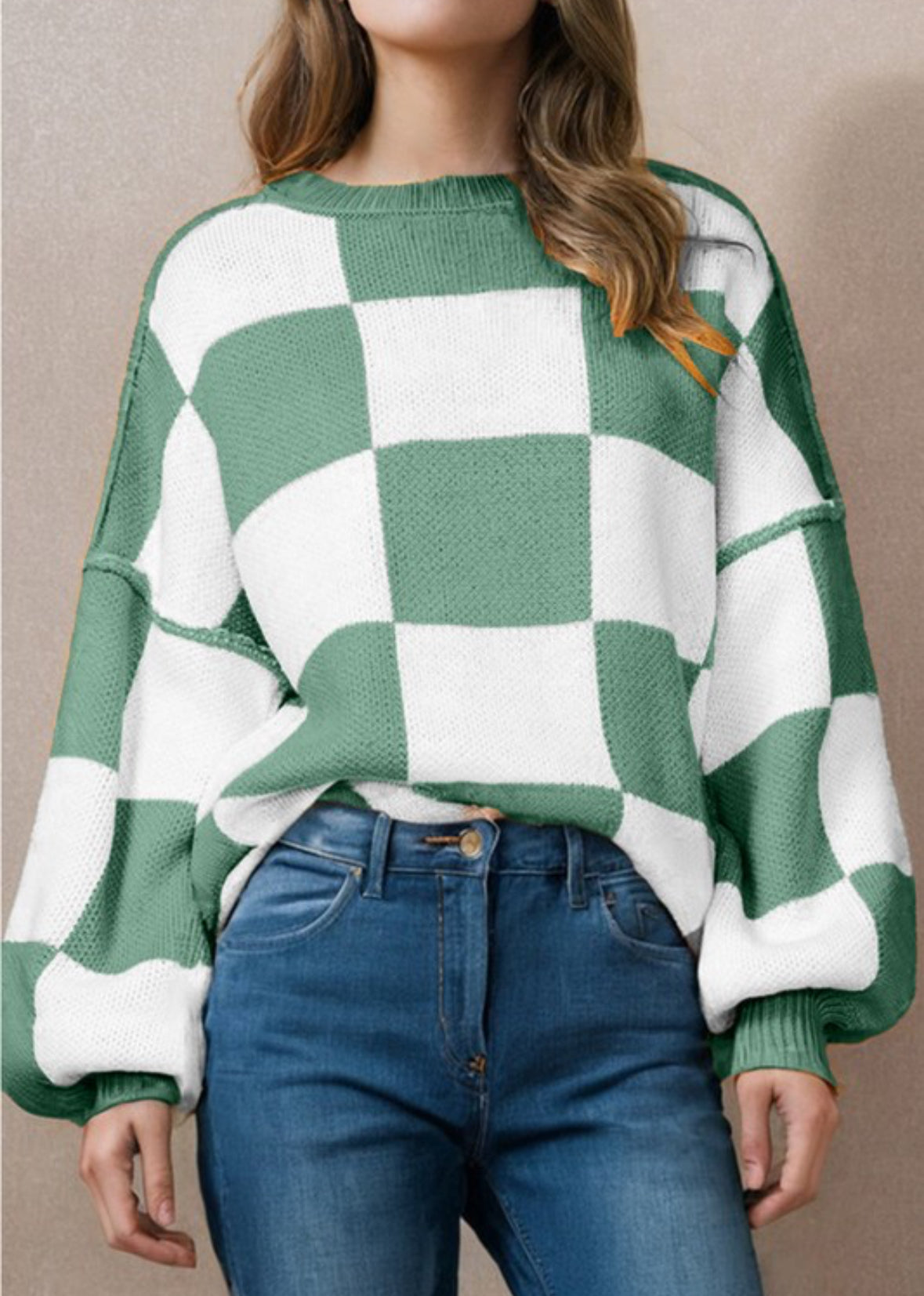 Checkered Bishop Sleeve Sweater