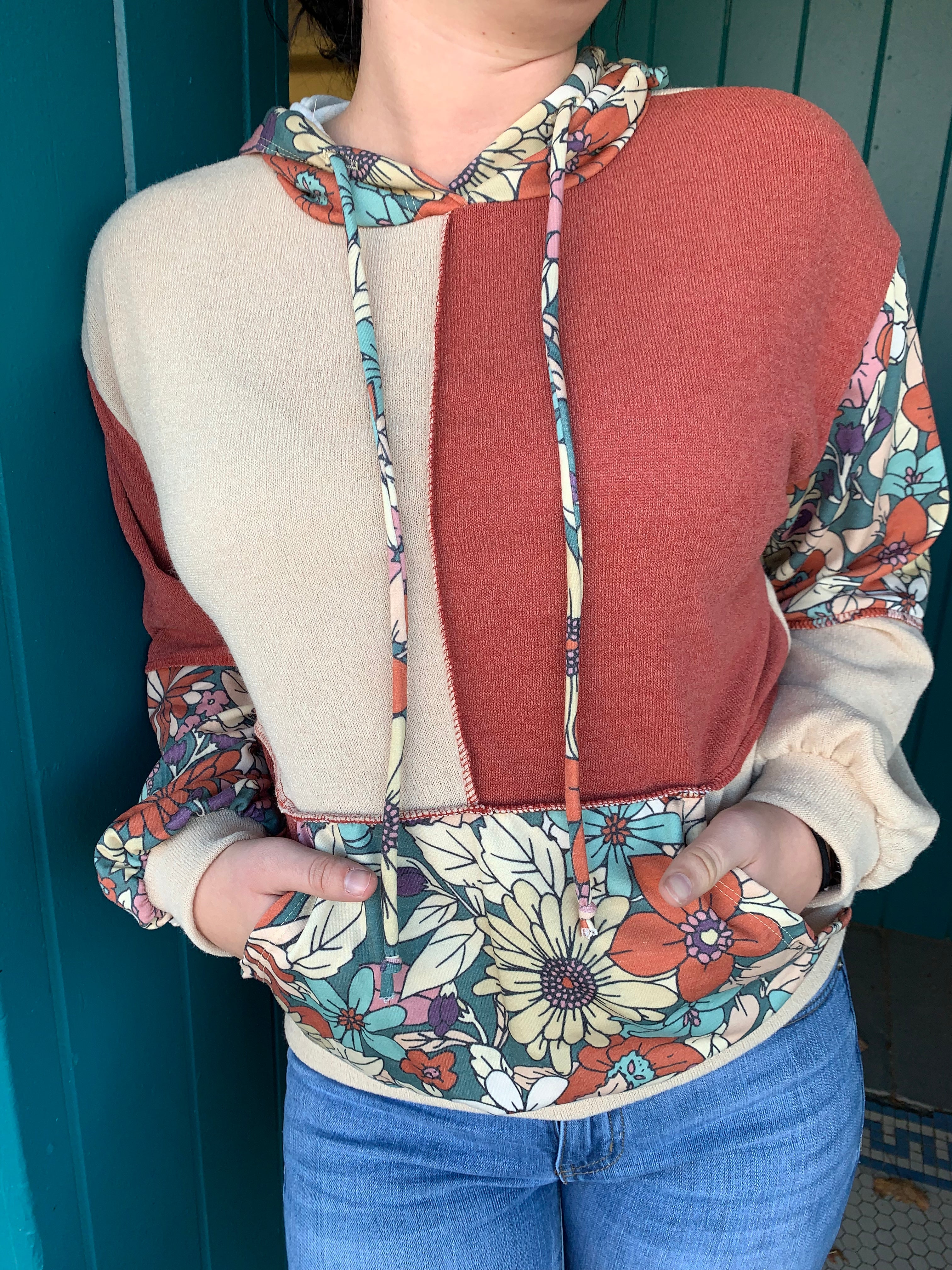 Floral Print & Color Block Hoodie