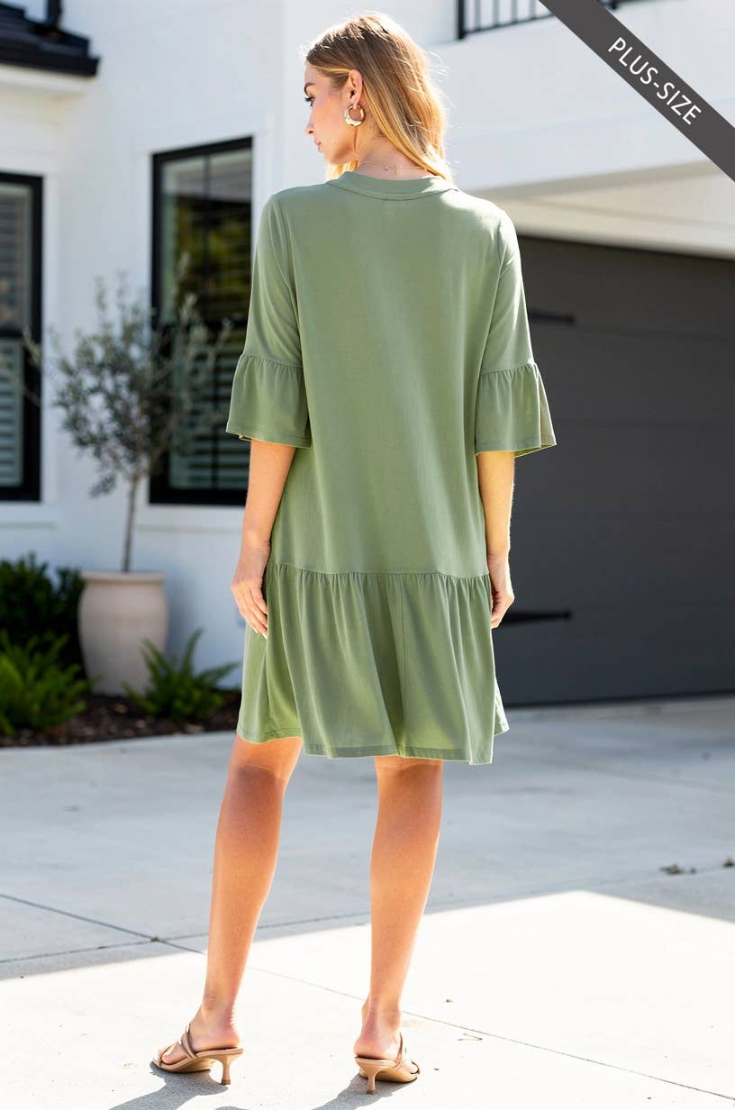 PLUS SIZE Shirred Tiered Relaxed 3/4 Sleeve Dress