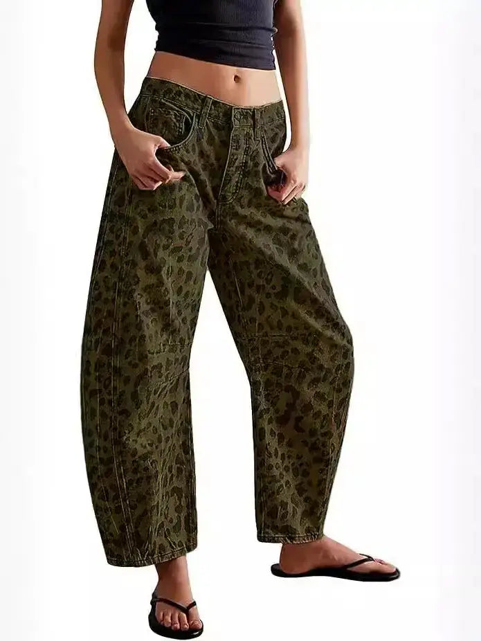 Leopard Print  Wide Leg Washed Denim Jeans