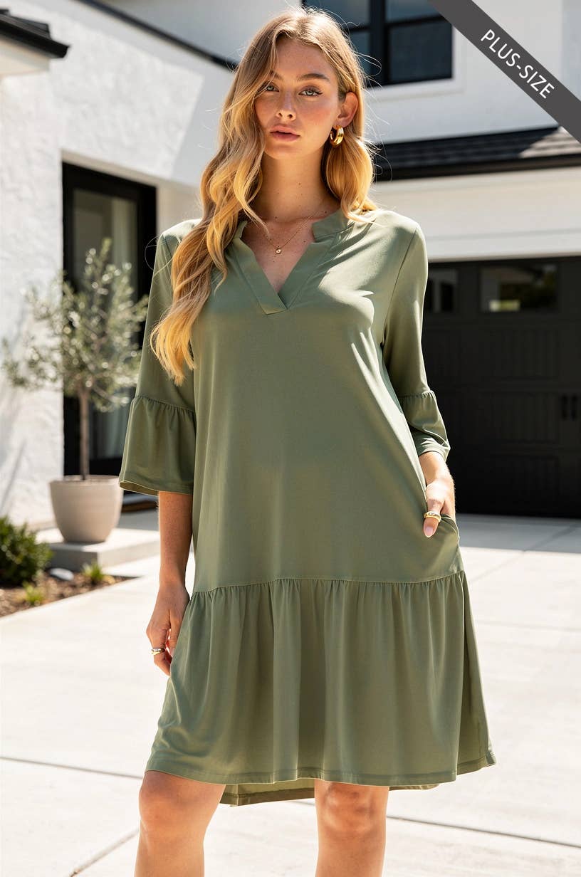 PLUS SIZE Shirred Tiered Relaxed 3/4 Sleeve Dress