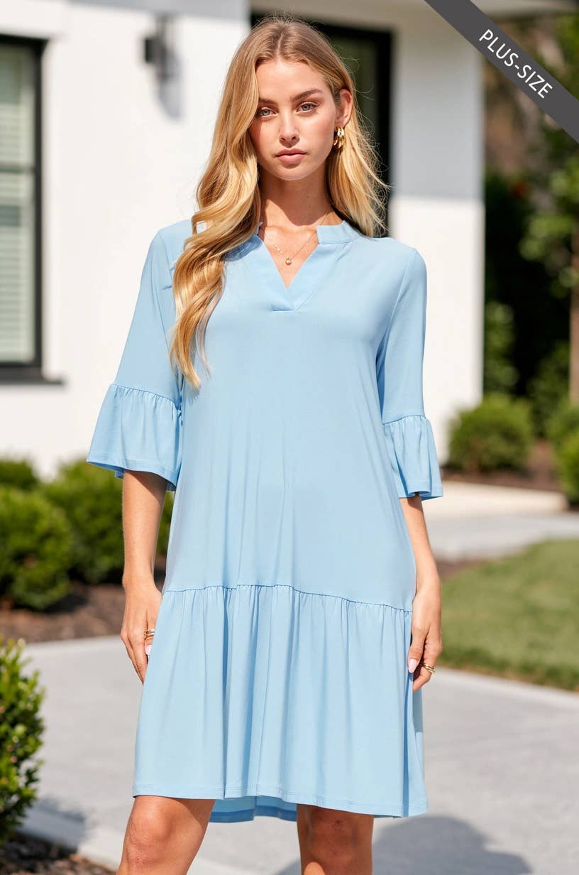 PLUS SIZE Shirred Tiered Relaxed 3/4 Sleeve Dress