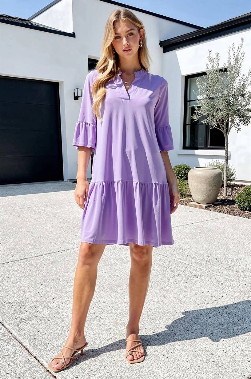Shirred Tiered Relaxed 3/4 Sleeve Dress