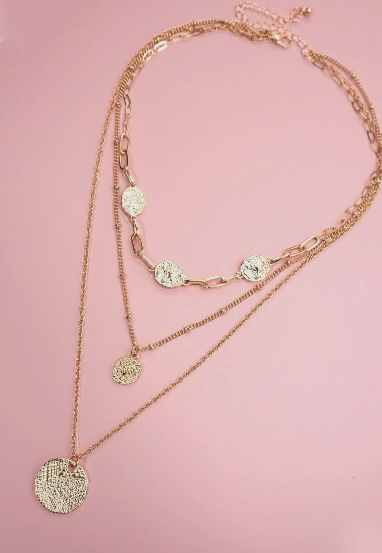 Textured Circle Pendant Multi Layered Necklace