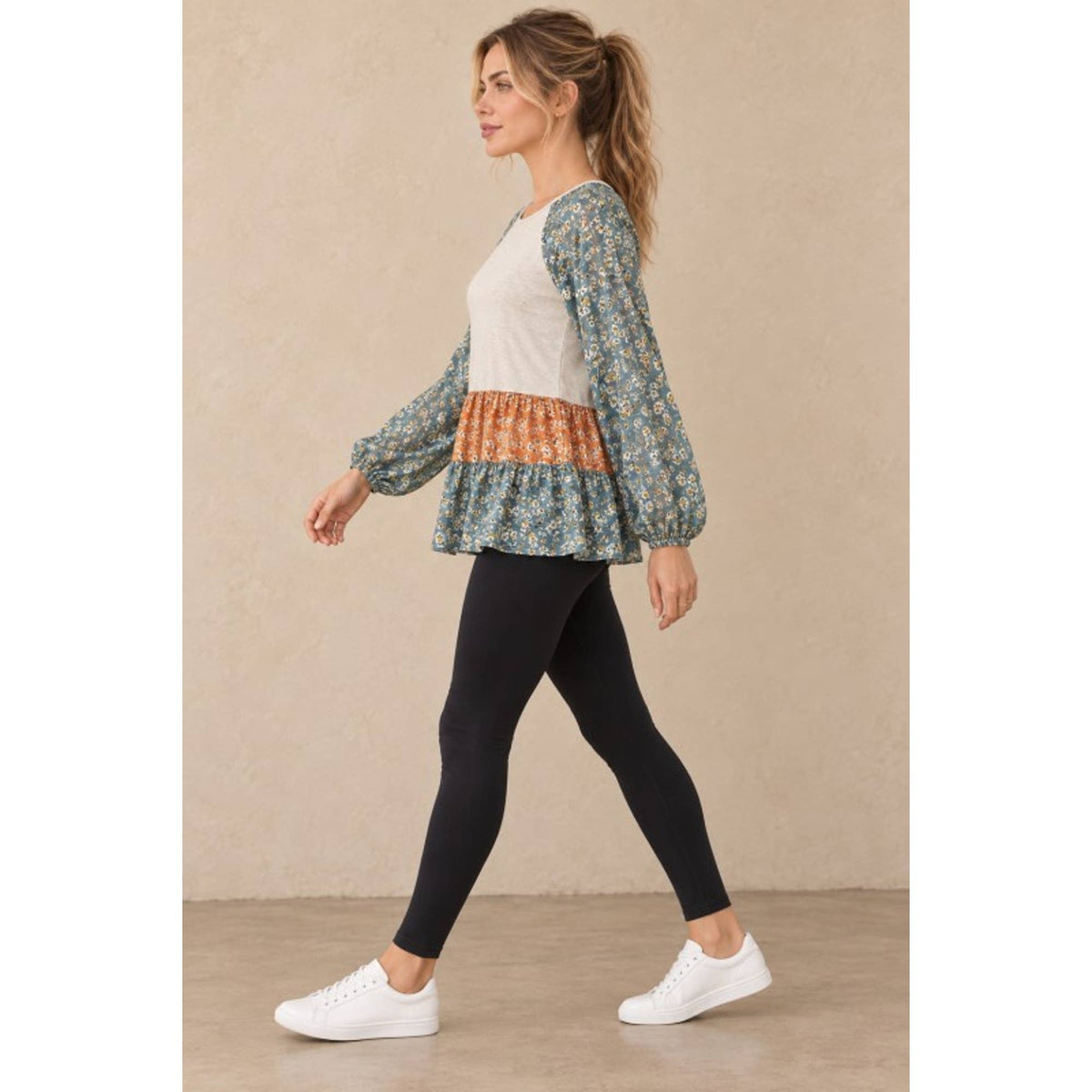 Mixed Floral Balloon Sleeve Ruffle Hem Top