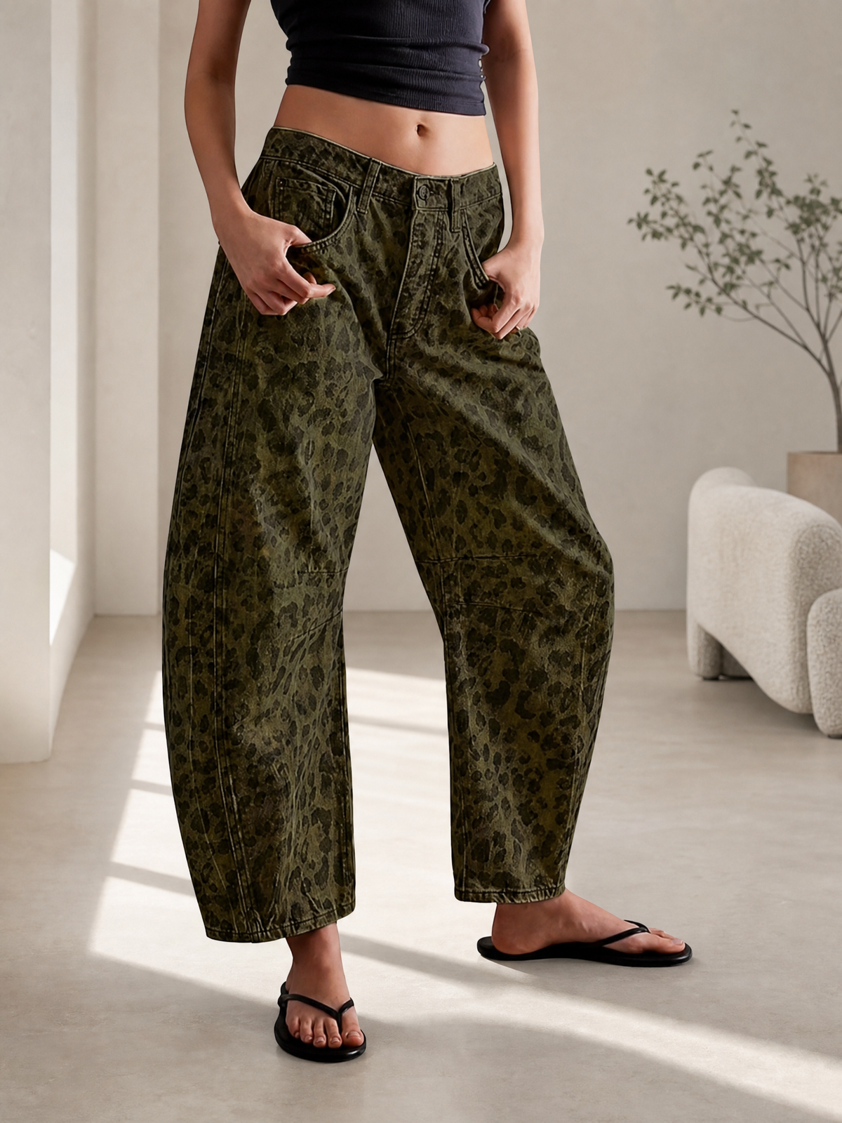 Leopard Print  Wide Leg Washed Denim Jeans