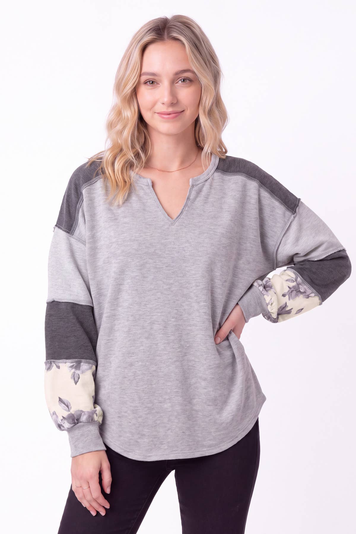Color Block Floral Contrast Long Sleeve Top