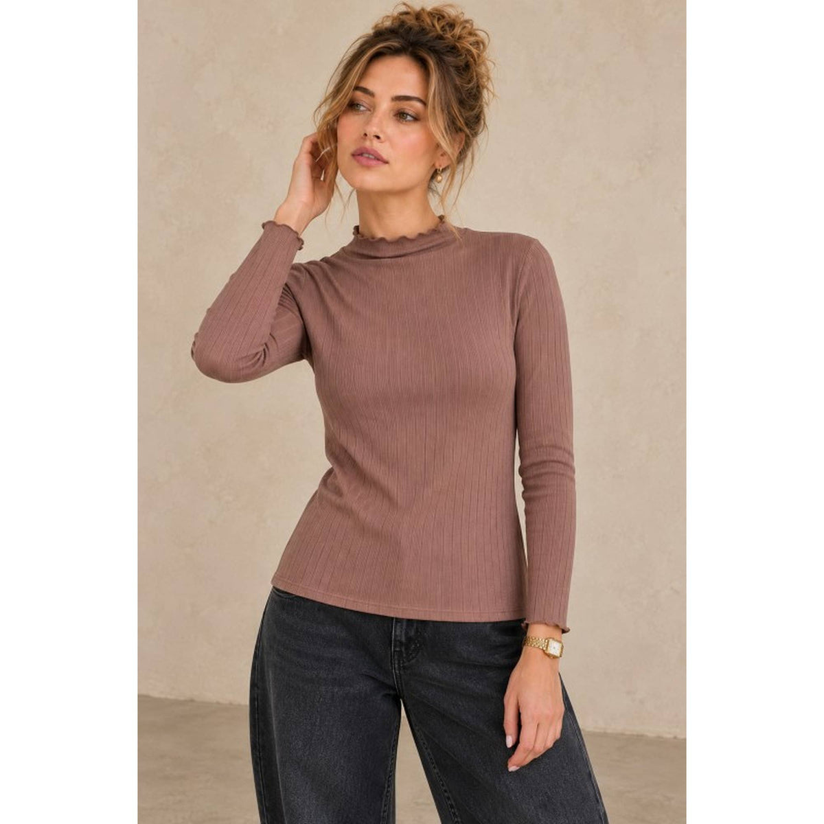 Ribbed Mock Neck Long Sleeve Lettuce Edge Knit Top