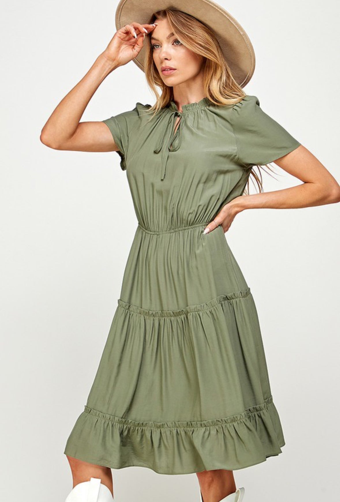 Split Neck Frill Trim Midi Dress