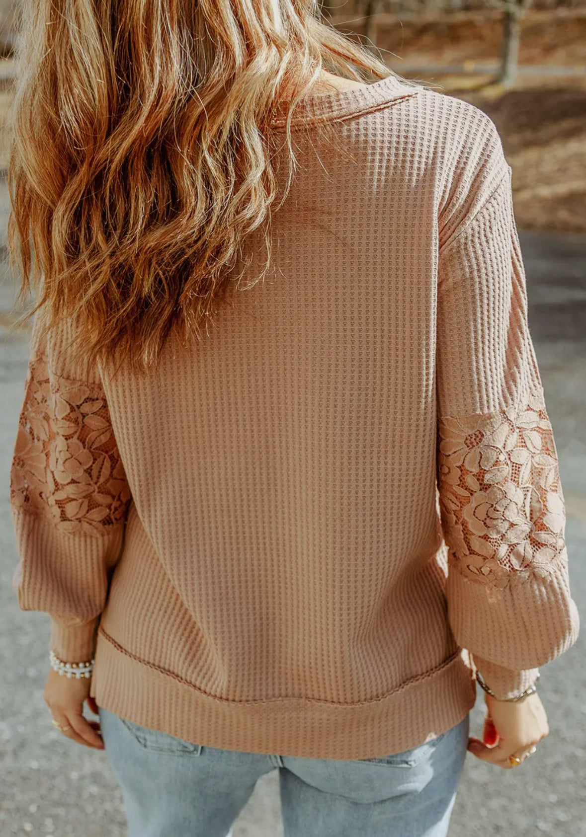 Lace Waffle Long Sleeve Top