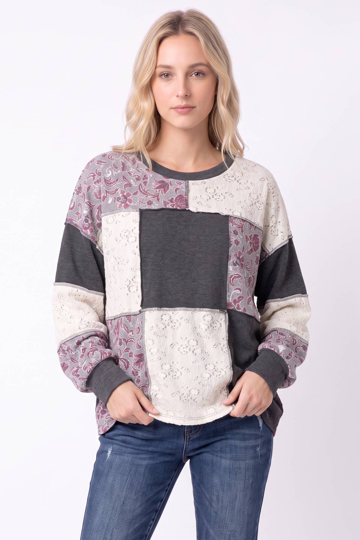 Patchwork Paisley& Lace Contrast Long Sleeve Top