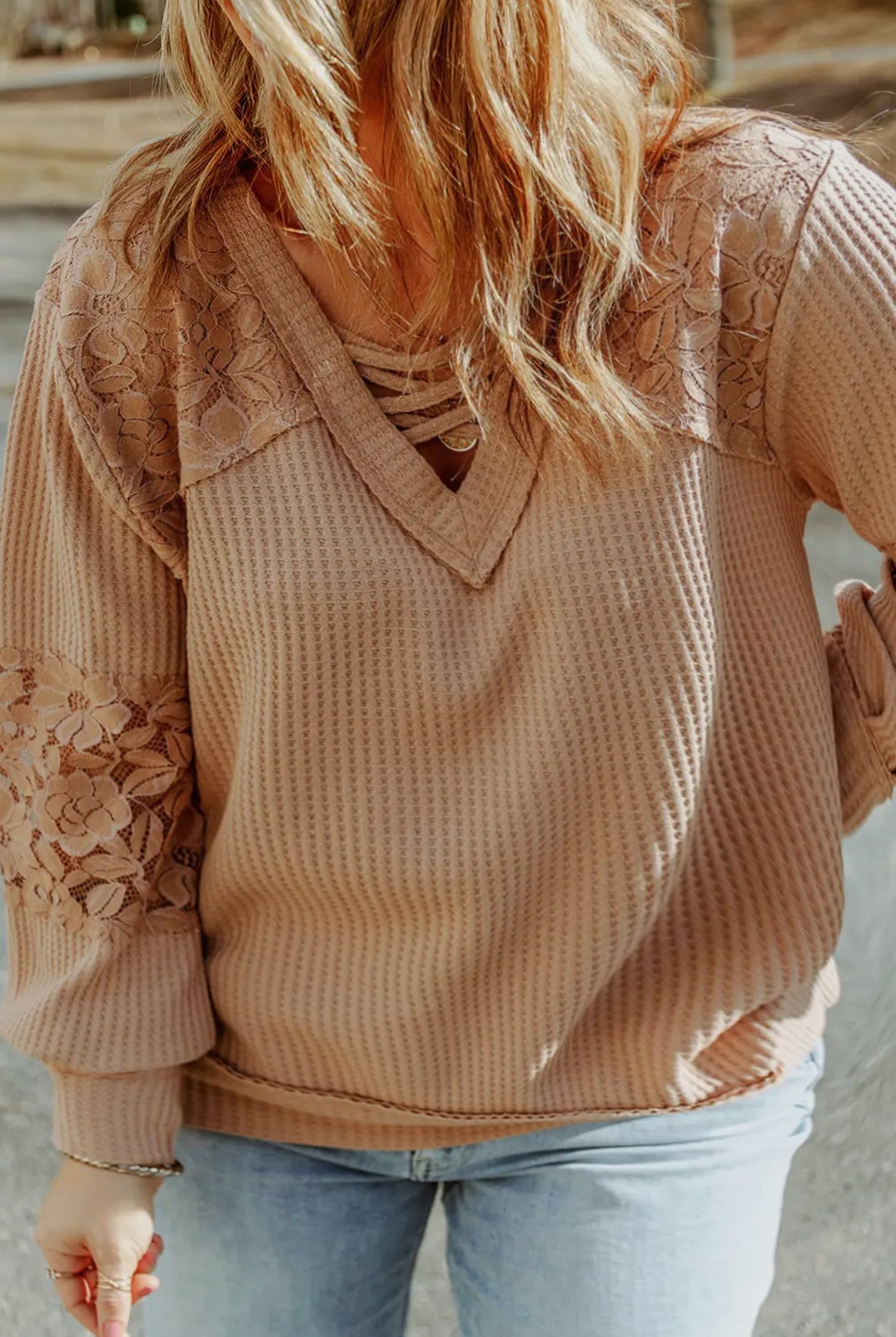 Lace Waffle Long Sleeve Top