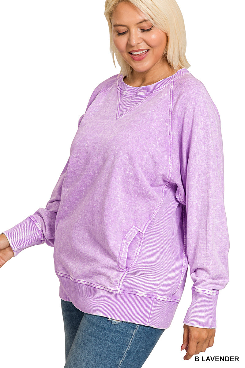 Plus acid washed French terry pullover w pockets