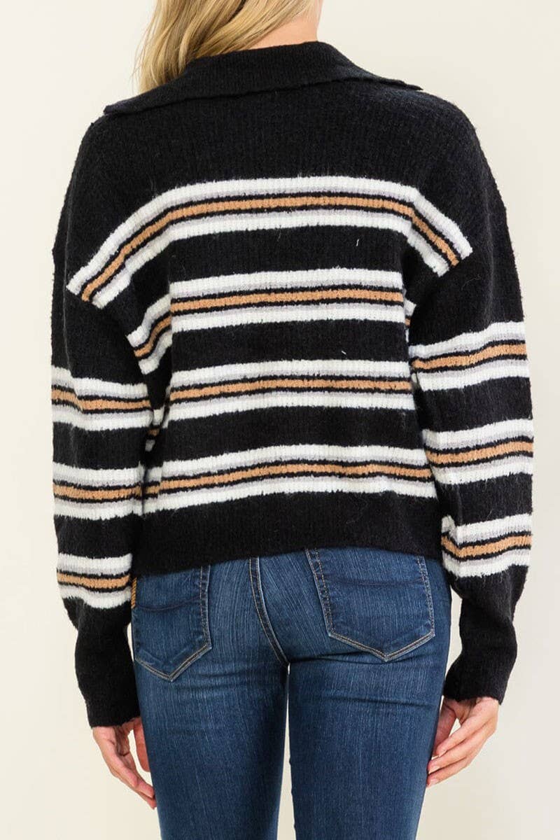 LONG SLEEVE V-NECK STRIPES COLORBLOCK PULLOVER SWEATER
