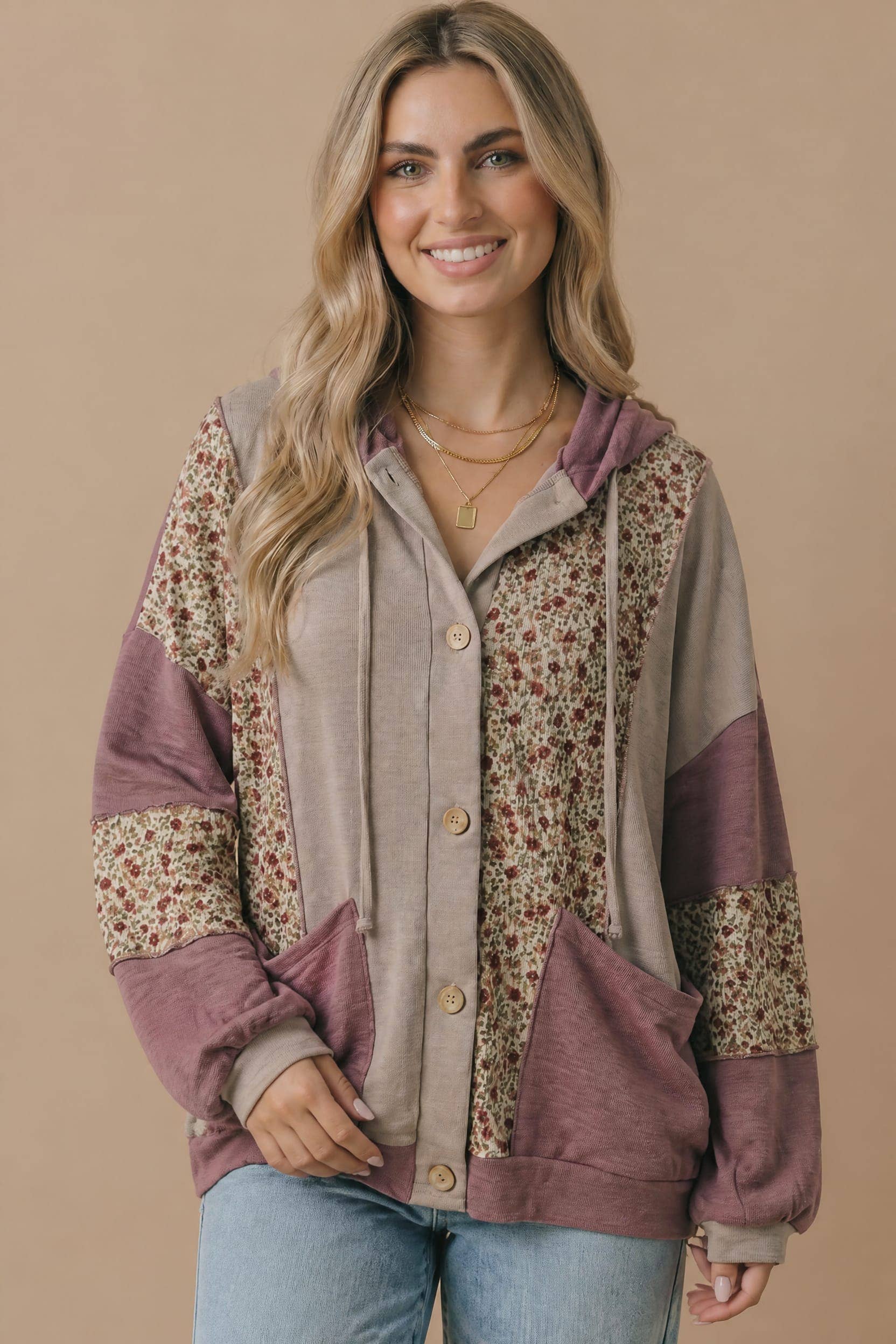 Mixed Media Bubble Sleeve Hoodie Jacket