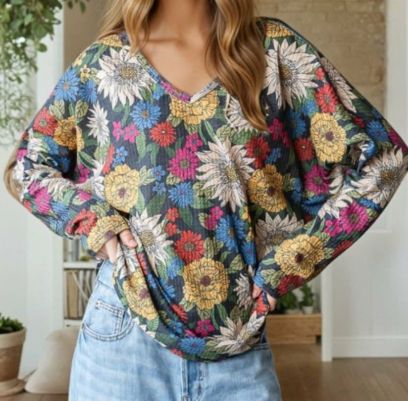 Charcoal Winter Floral V-Neck Waffle Top