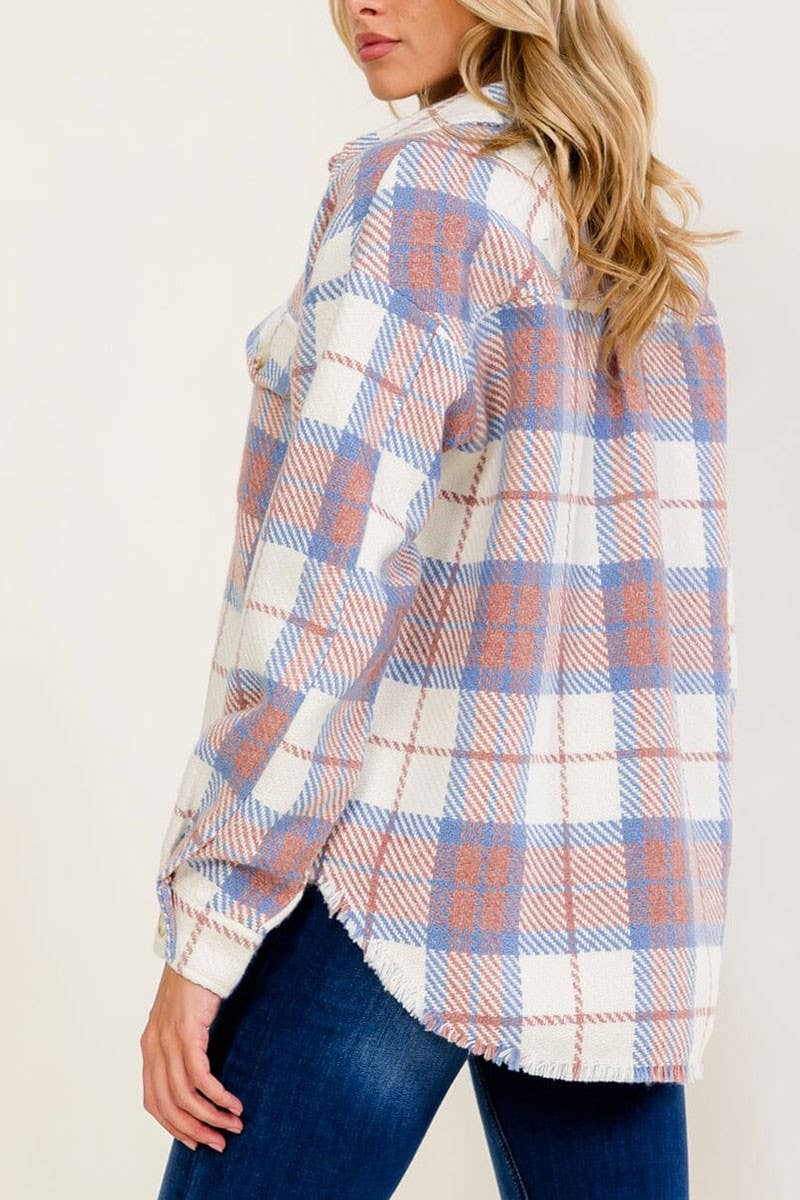 LONG SLEEVE BUTTON UP FRONT POCKETS PLAID JACKET
