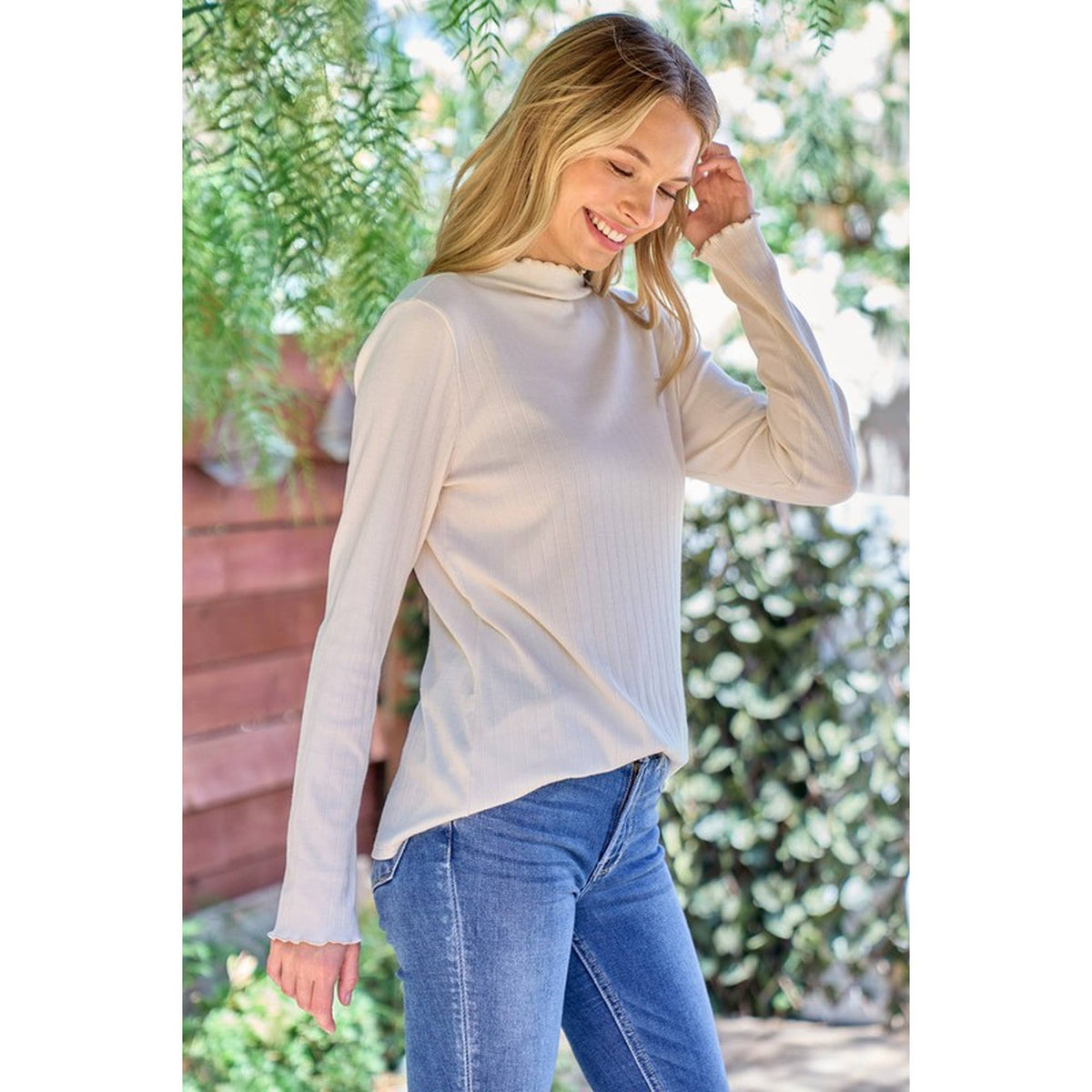 Ribbed Mock Neck Long Sleeve Lettuce Edge Knit Top