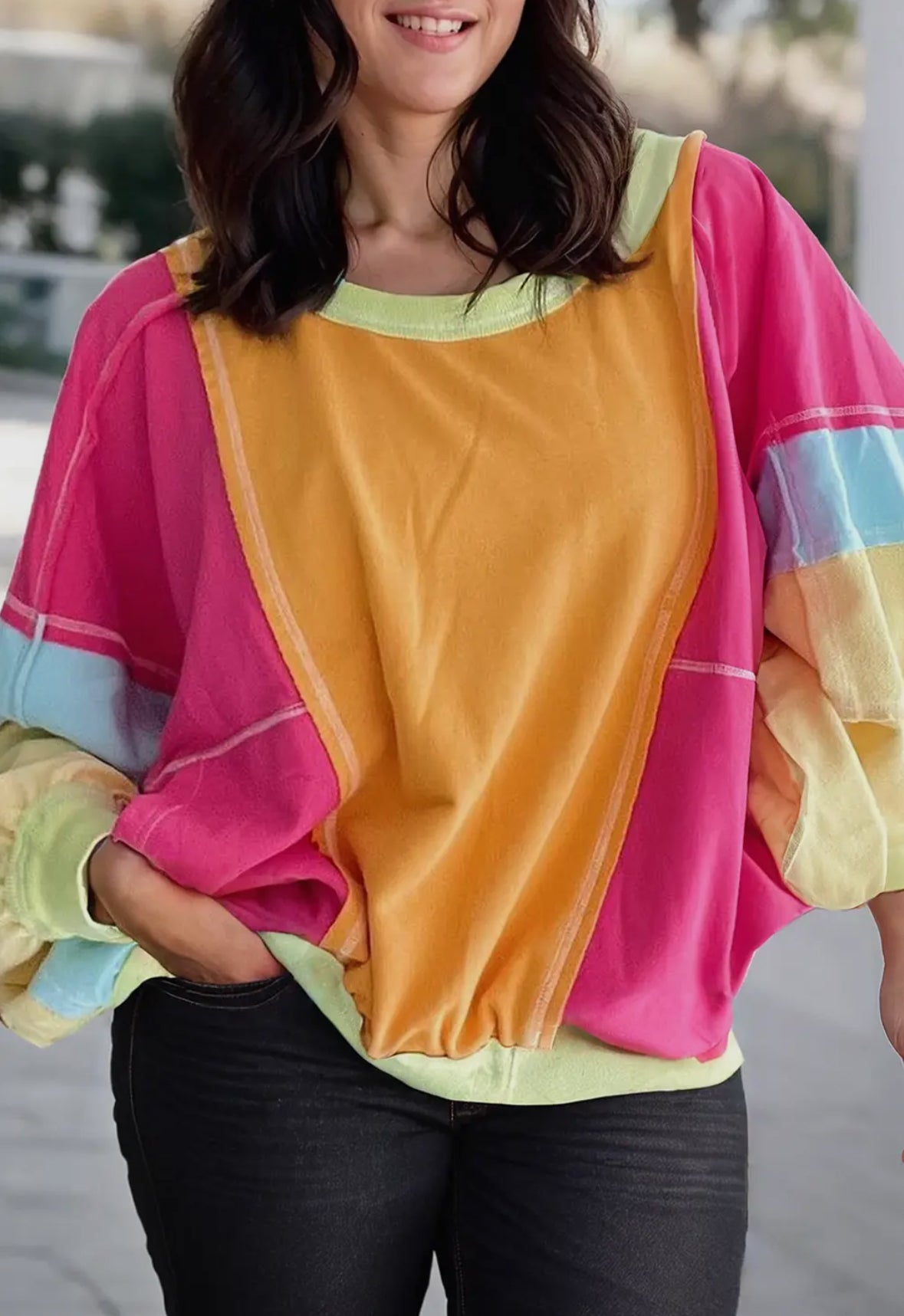 Colorblock Patchwork Exposed Seam Sweatshirt