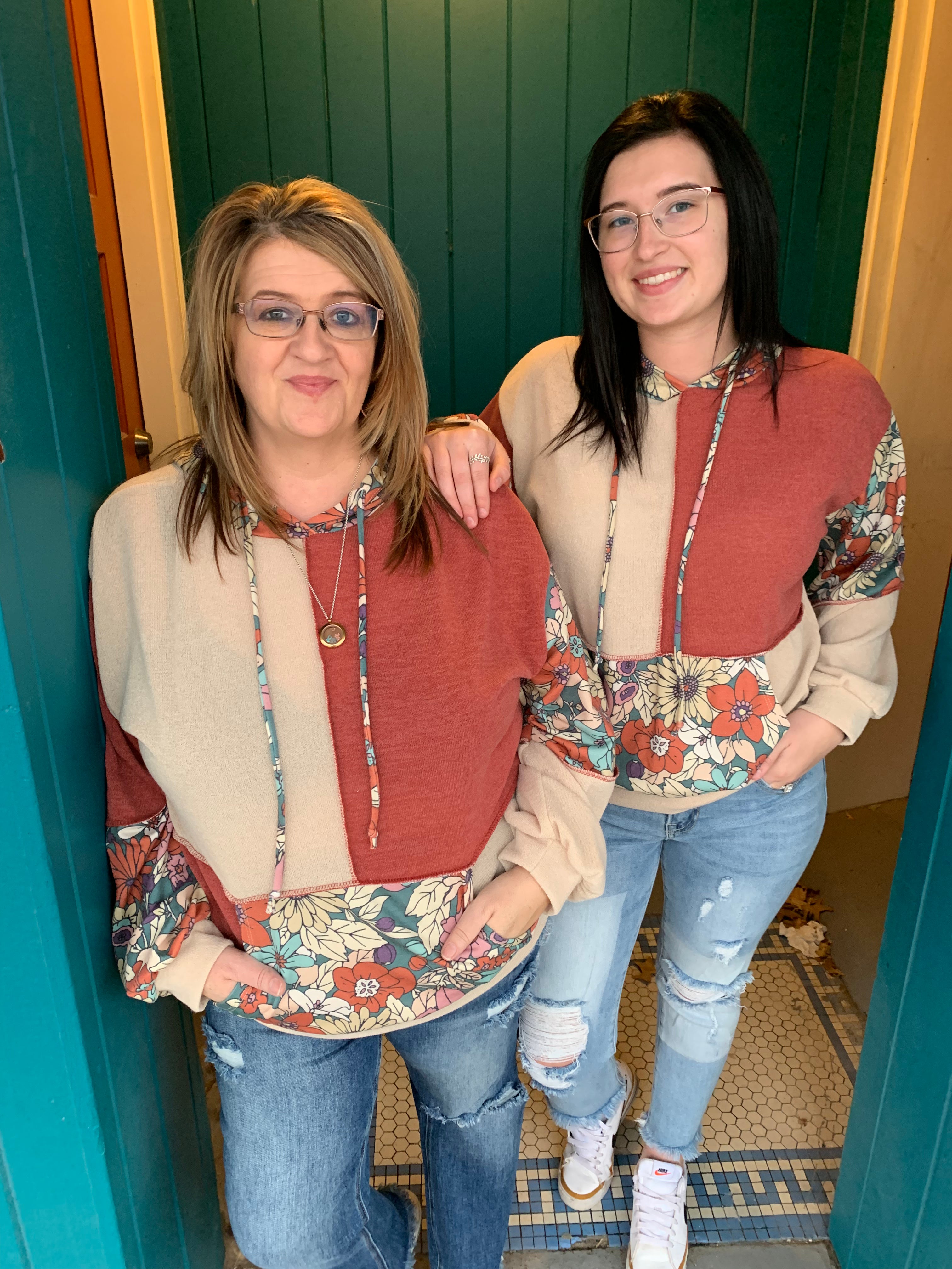 Floral Print & Color Block Hoodie