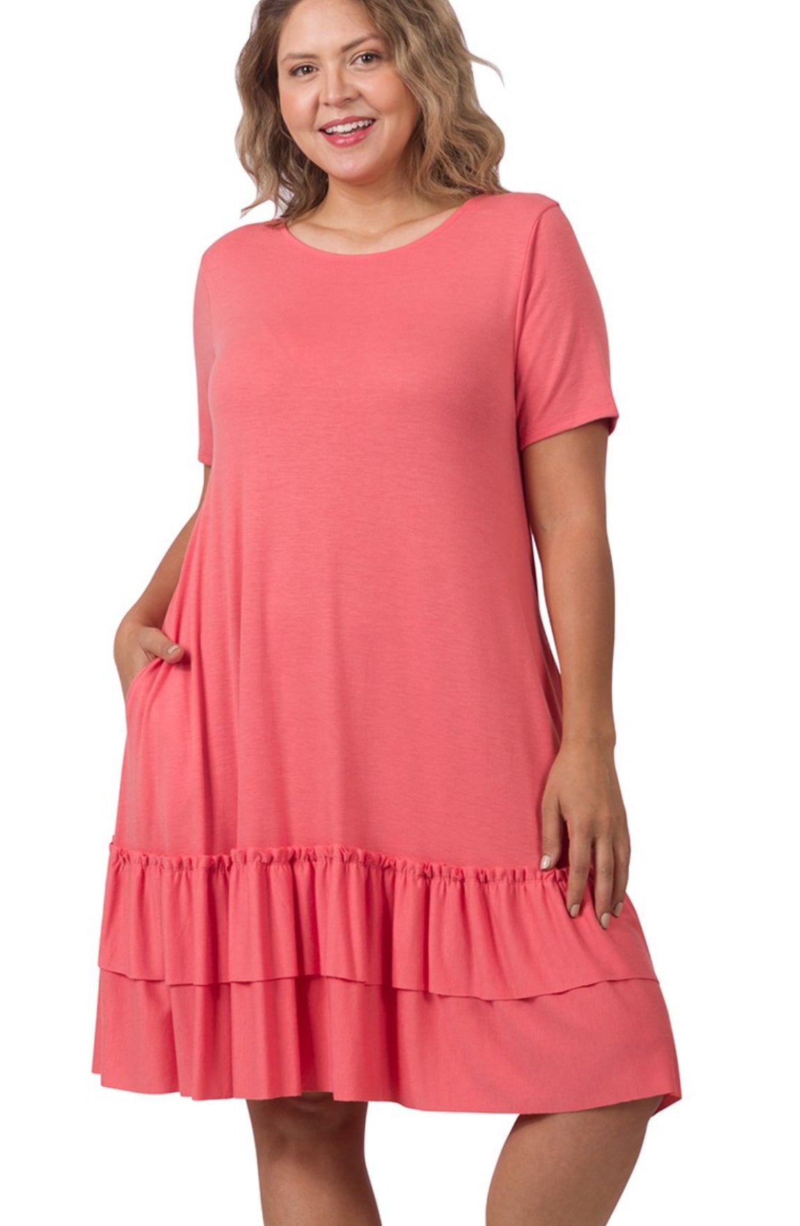 Rolled Short Sleeve Round Neck Dress