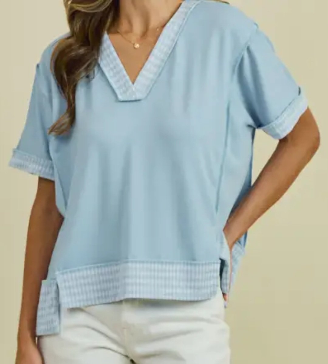 Solid Baby Blue Gingham Top