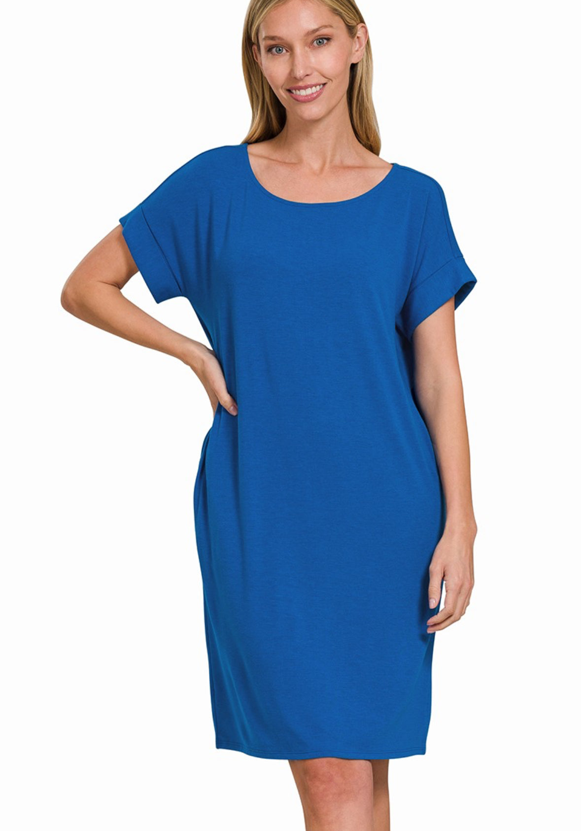 Rolled Short Sleeve Round Neck Dress