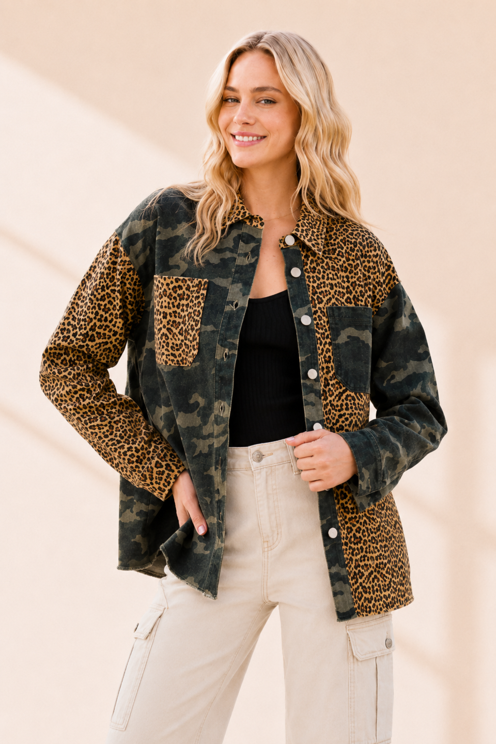 Camo and Leopard Contrast Woven Drop Shoulder Shacket