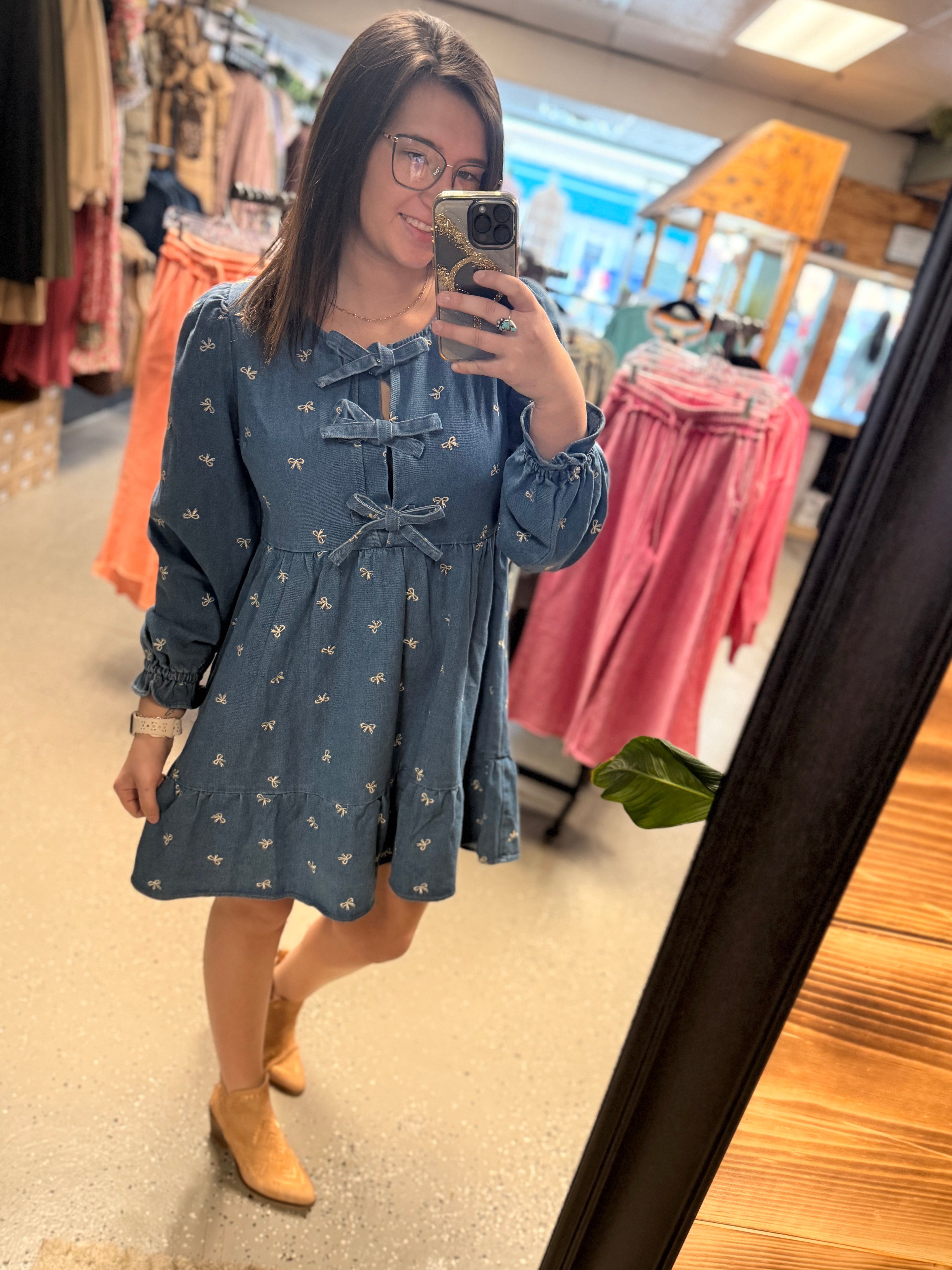 Soft Washed Denim Bow Printed Casual Dress