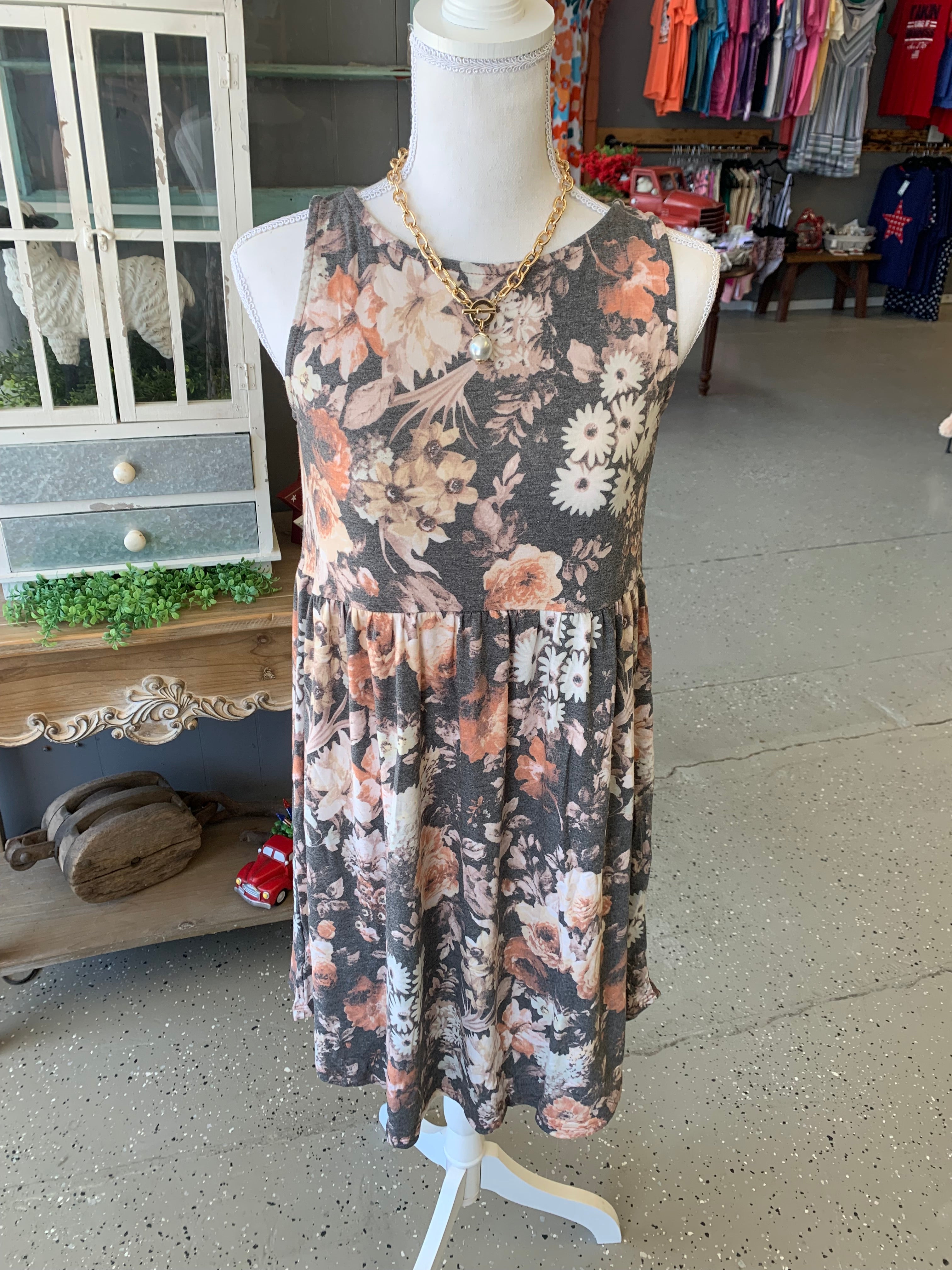 Grey Floral Swing Dress