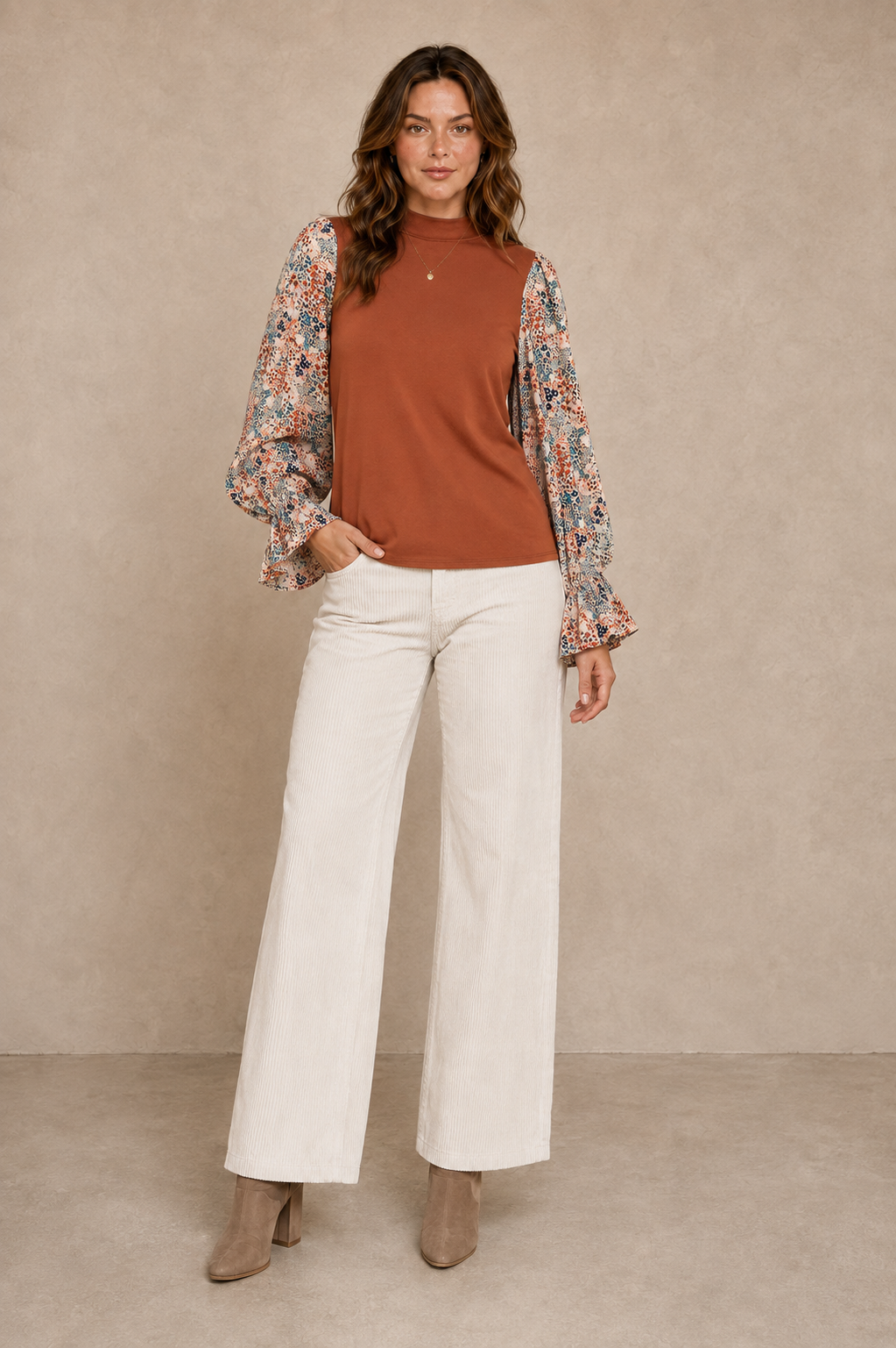 Mixed Media Floral Ruffle Sleeve Mock Neck Knit Top