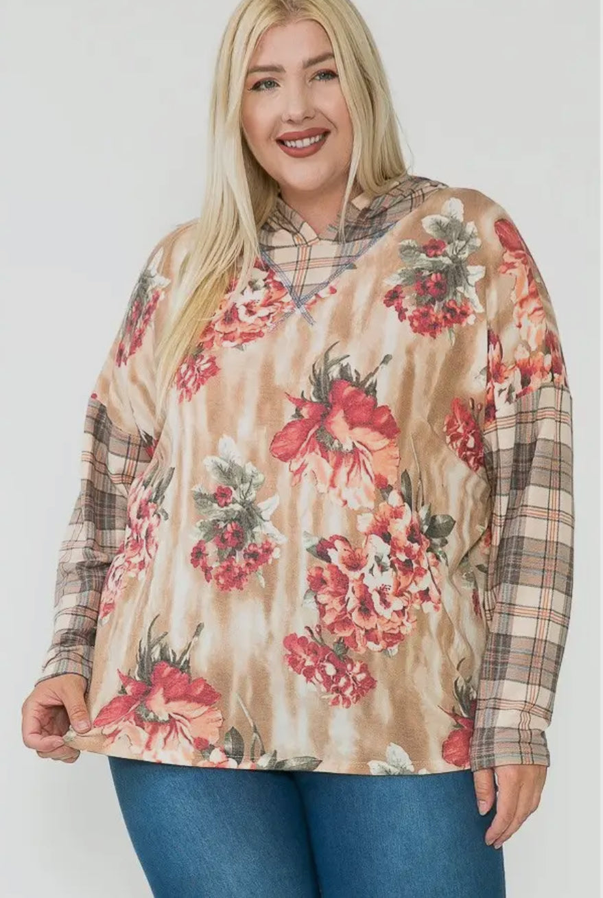 Plus Floral & Plaid Long Sleeve Hoodie Top