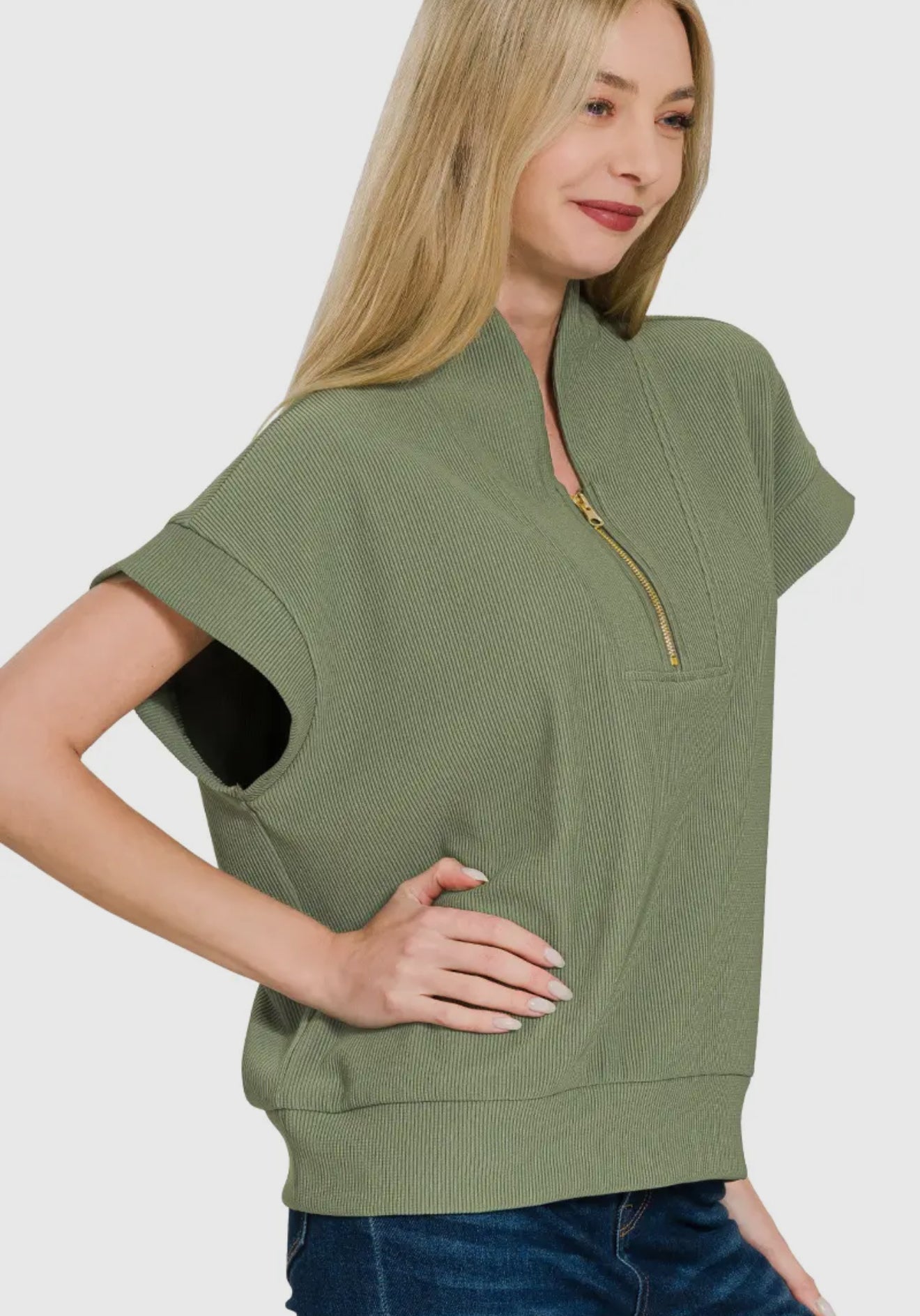 Ribbed High Neck Half Neck Zip Top