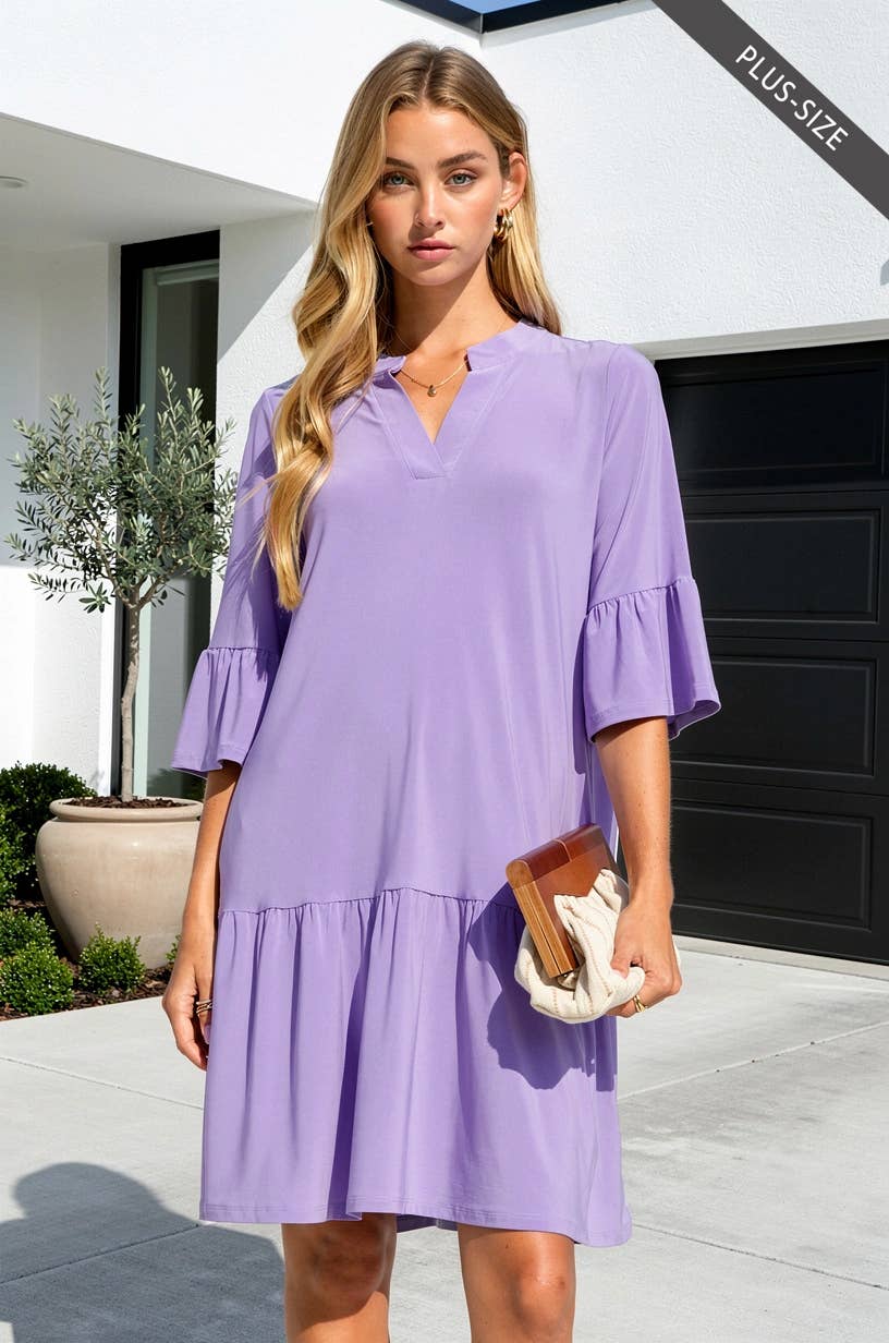 PLUS SIZE Shirred Tiered Relaxed 3/4 Sleeve Dress
