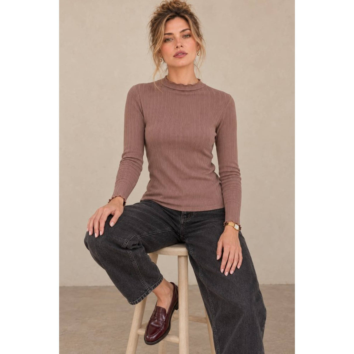 Ribbed Mock Neck Long Sleeve Lettuce Edge Knit Top