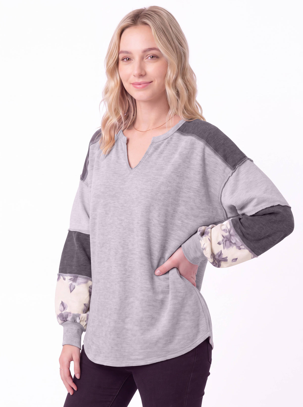 Color Block Floral Contrast Long Sleeve Top