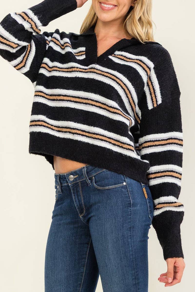 LONG SLEEVE V-NECK STRIPES COLORBLOCK PULLOVER SWEATER