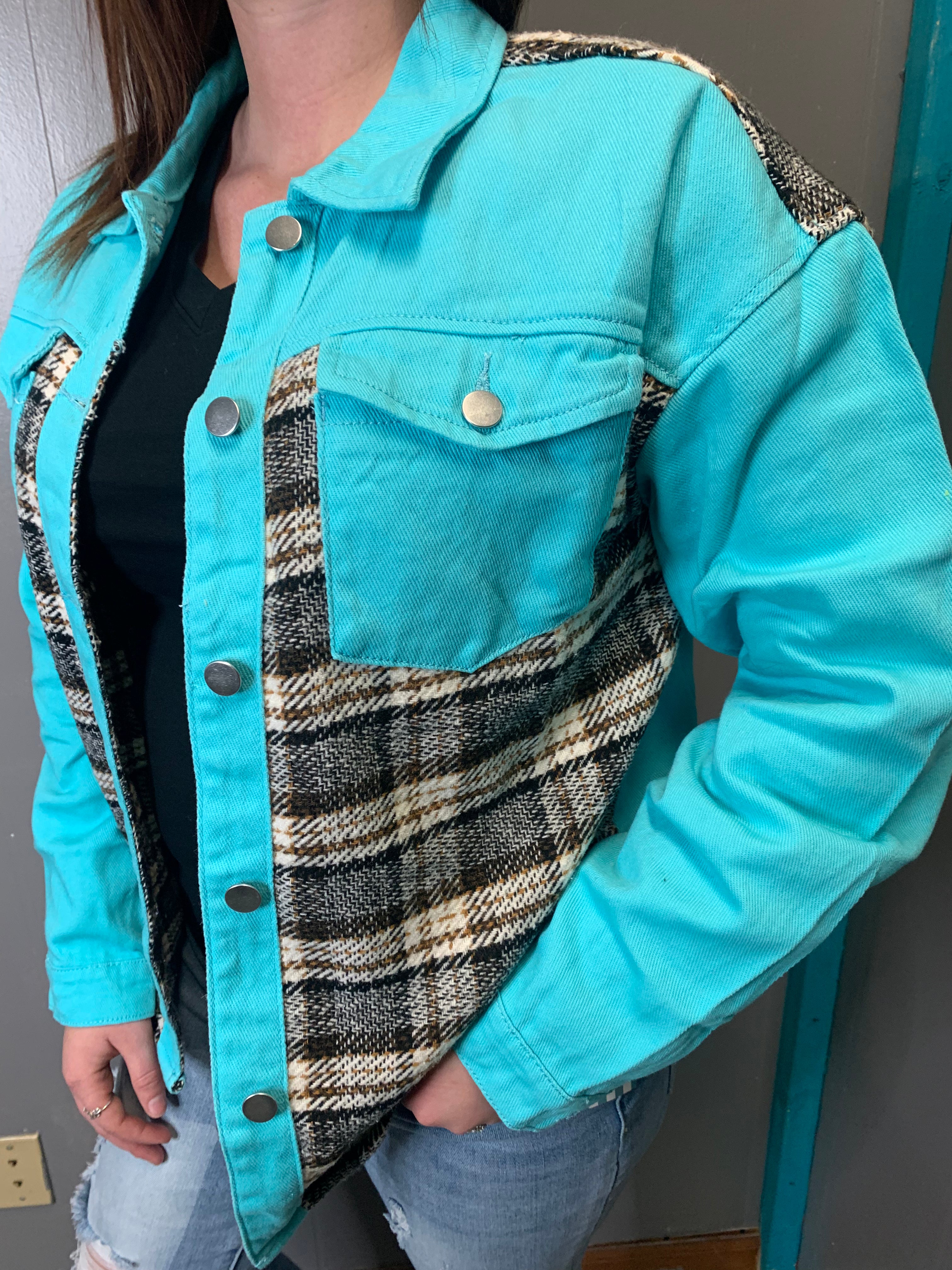 Teal Plaid Patchwork Denim Jacket