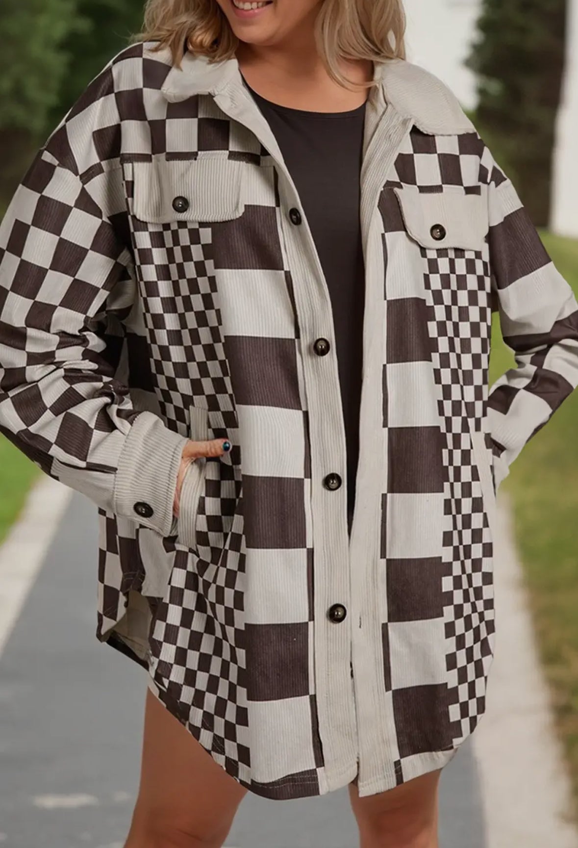 Checkered Color Block Corduroy Jacket