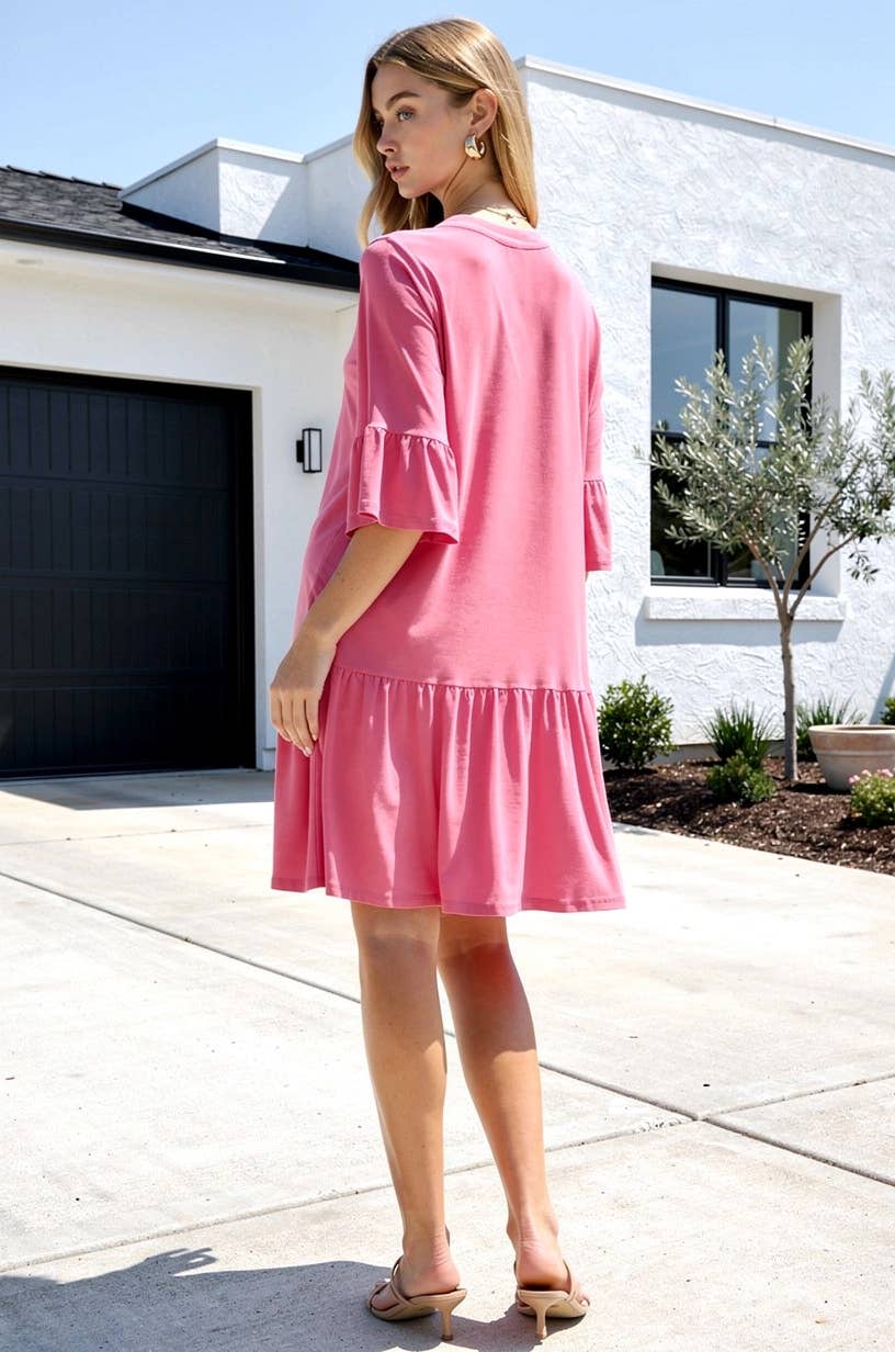 Shirred Tiered Relaxed 3/4 Sleeve Dress