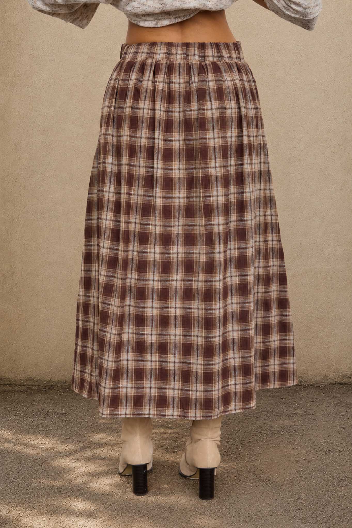 PLAID PLEATED SIDE SLIT MIDI SKIRT