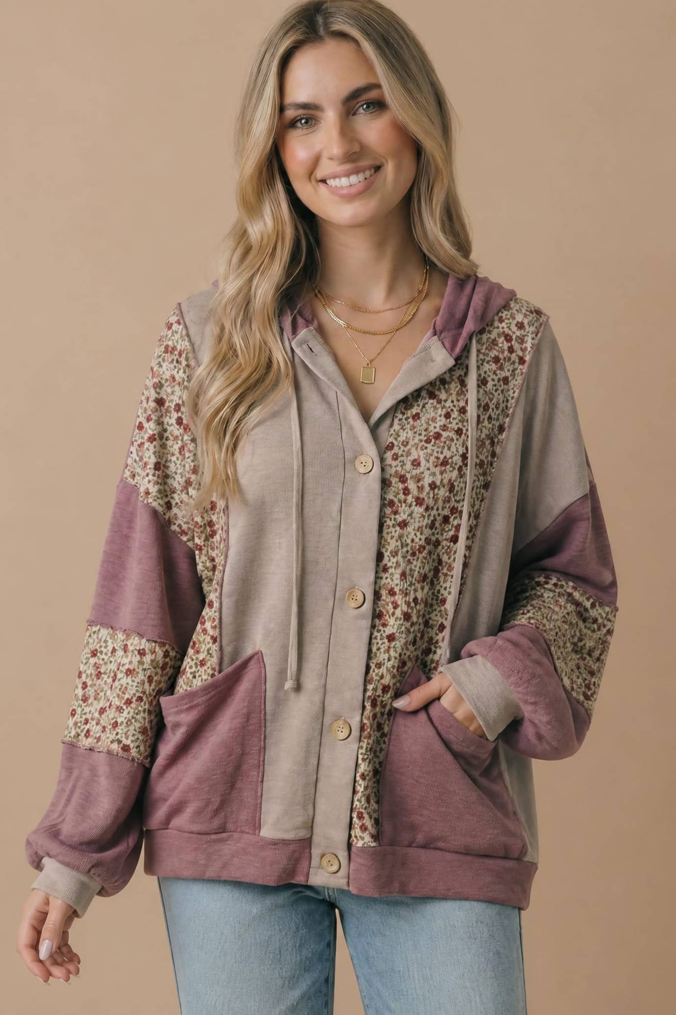 Mixed Media Bubble Sleeve Hoodie Jacket