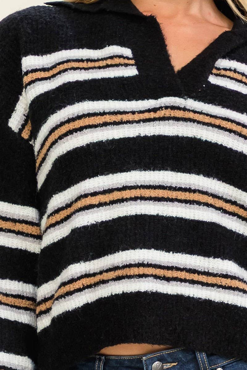 LONG SLEEVE V-NECK STRIPES COLORBLOCK PULLOVER SWEATER