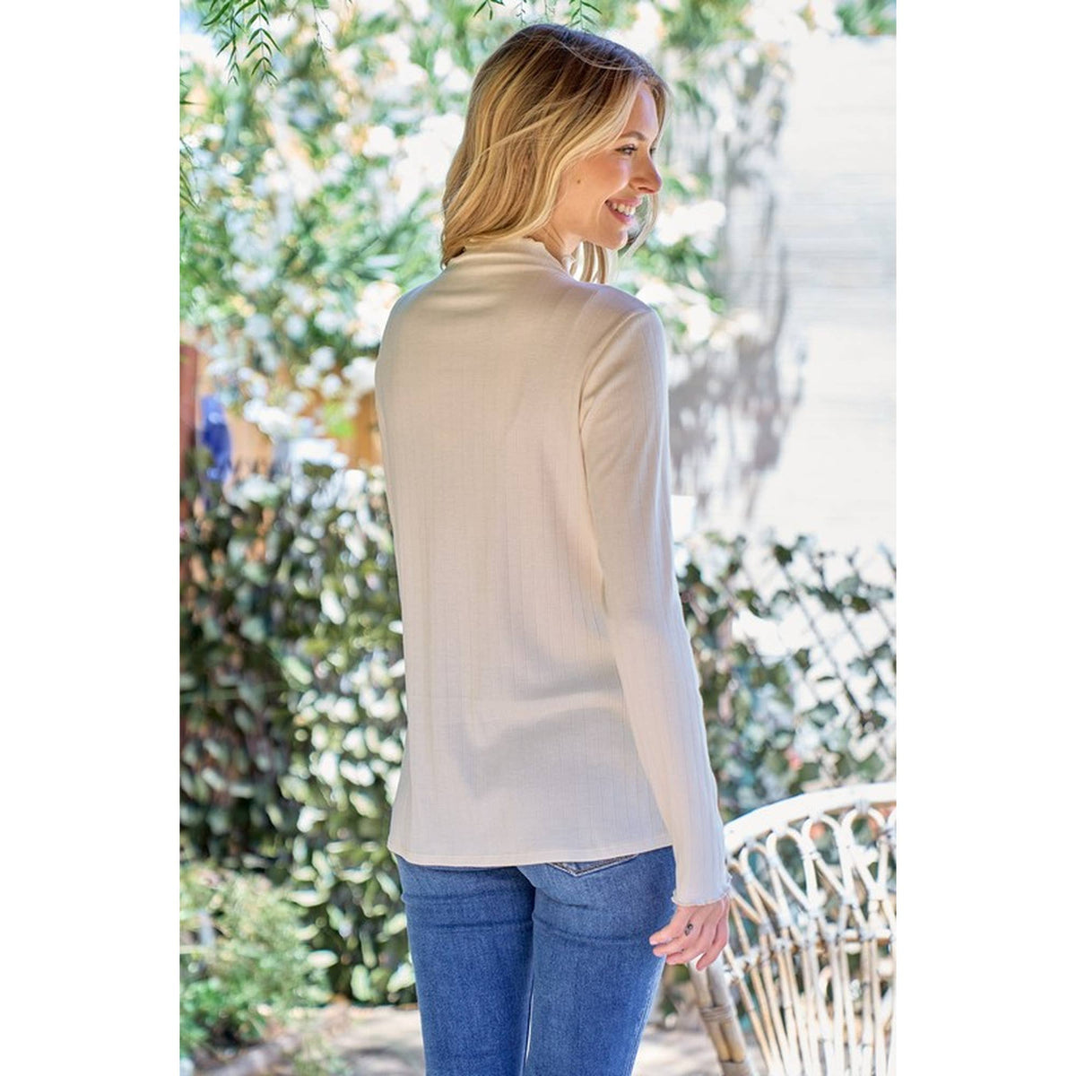 Ribbed Mock Neck Long Sleeve Lettuce Edge Knit Top