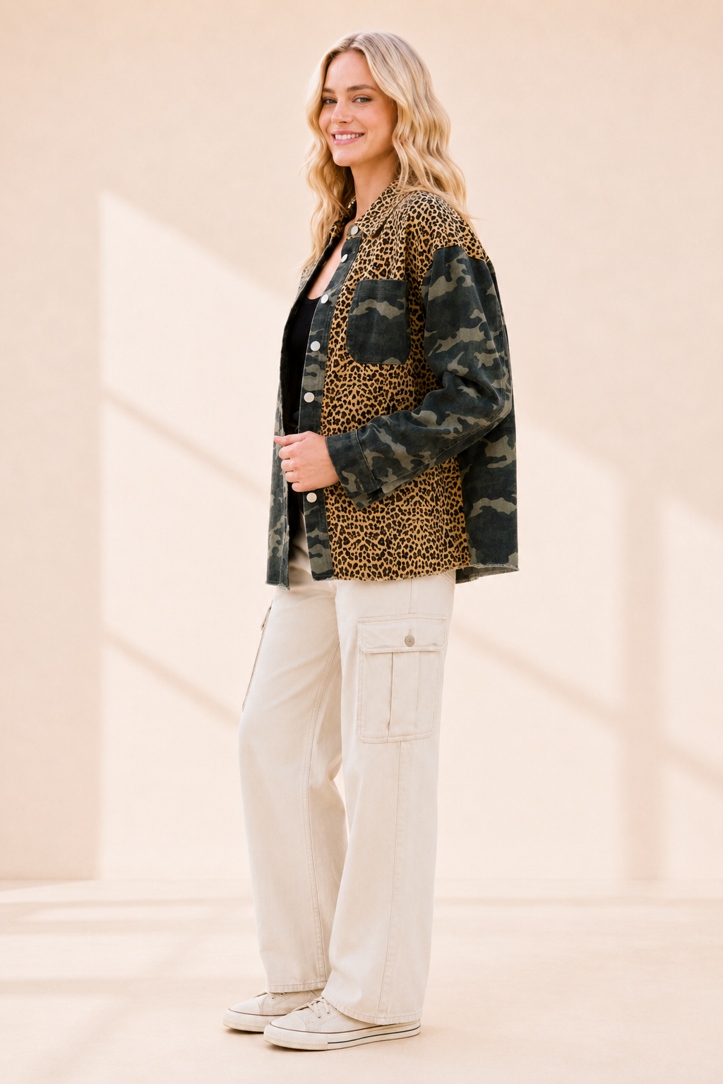 Camo and Leopard Contrast Woven Drop Shoulder Shacket