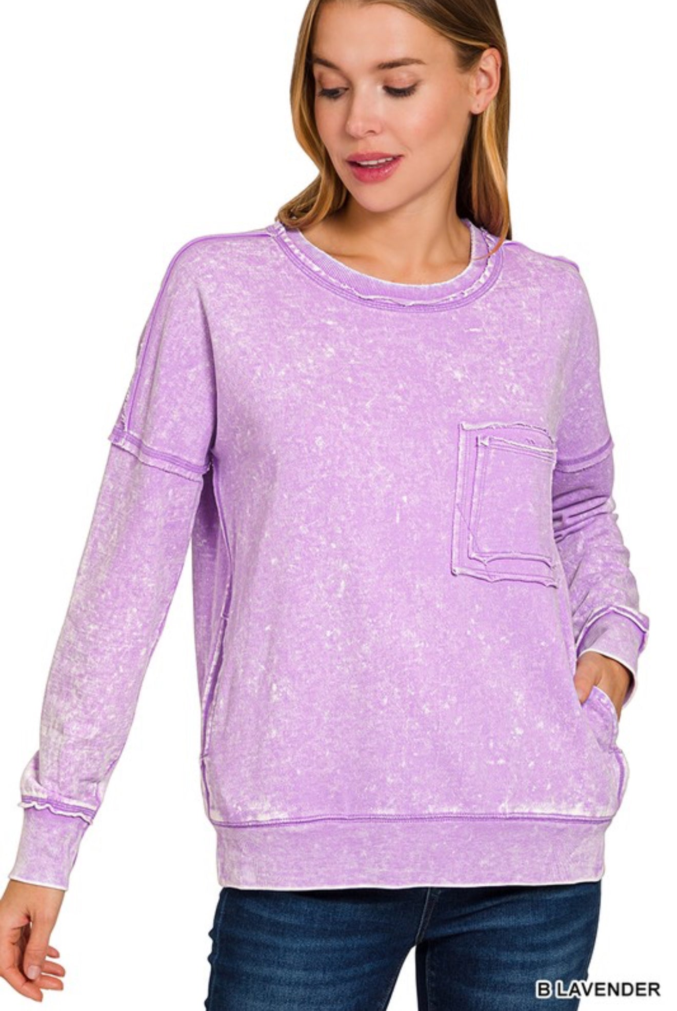 F/terry Washed Raw Edge Front Pocket Pullover