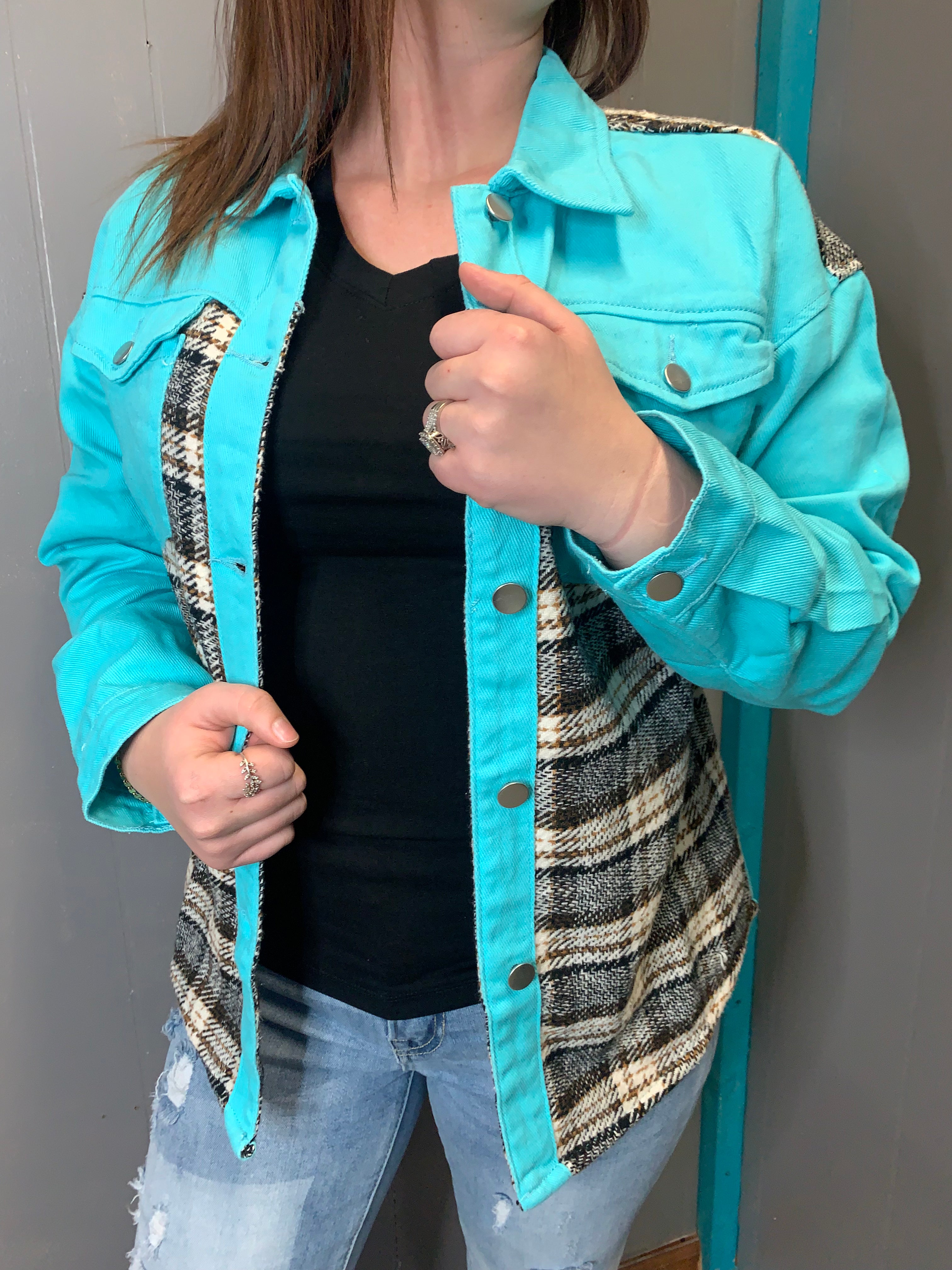 Teal Plaid Patchwork Denim Jacket